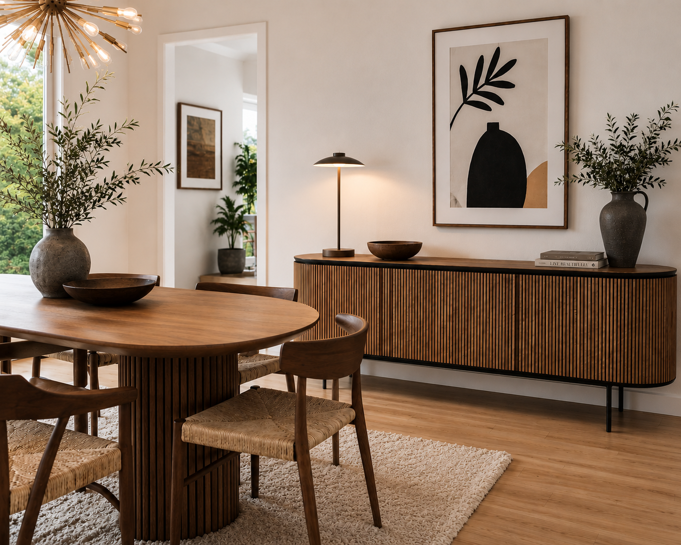 Mid-century modern walnut fluted sideboard with a curved silhouette, styled in a warm neutral dining room below abstract wall art.